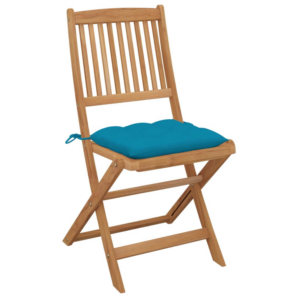 Solid acacia wood folding garden chair with blue cushion, perfect for outdoor relaxation and comfort.