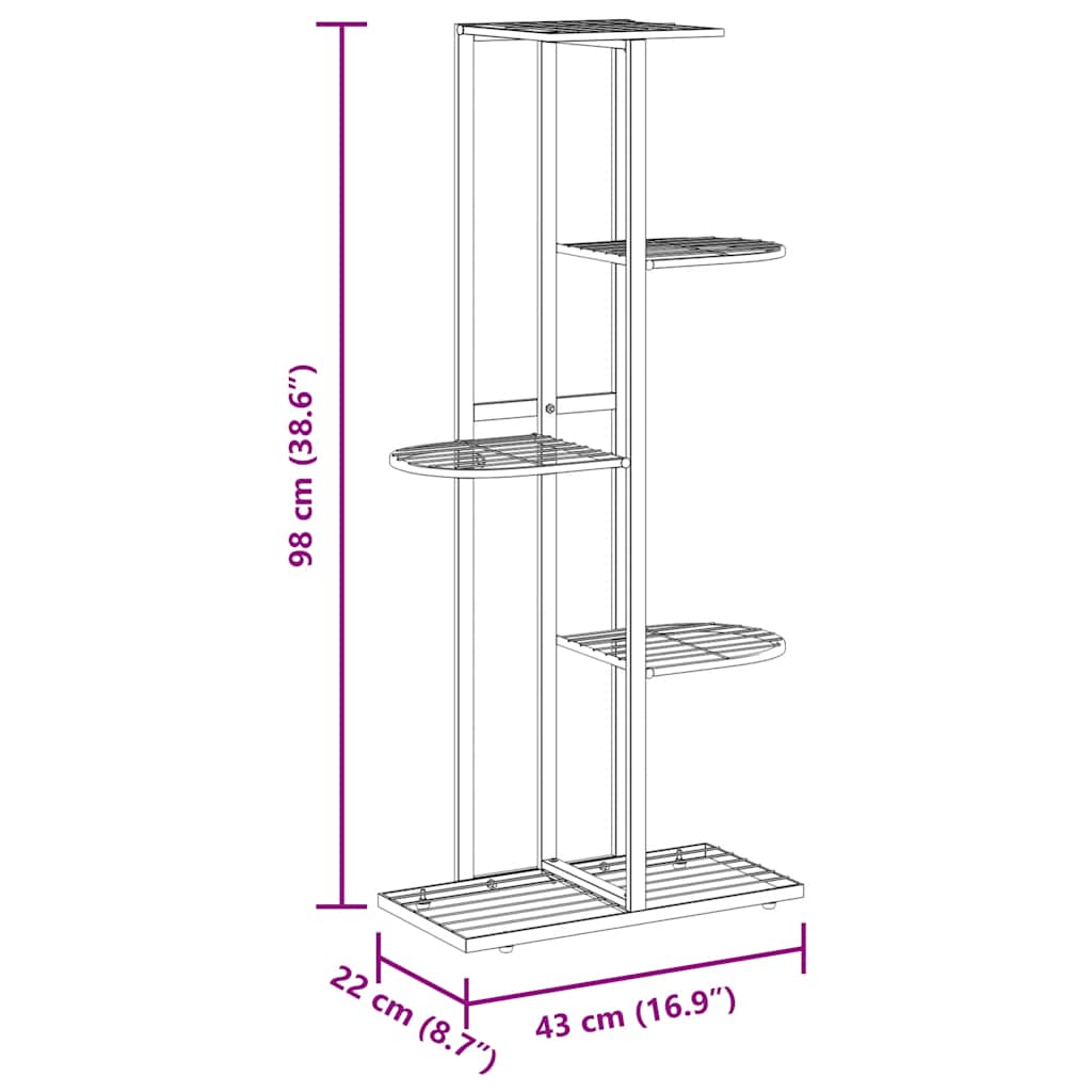 Diagram of 5-Floor Flower Stand 43x22x98 cm Metal with measurements in centimeters and inches.