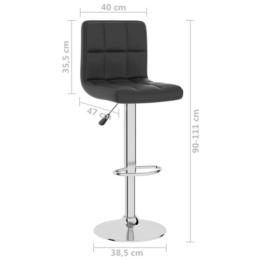 Black faux leather bar stool with chrome base, adjustable height, and built-in footrest, ideal for outdoor living and patio furniture.