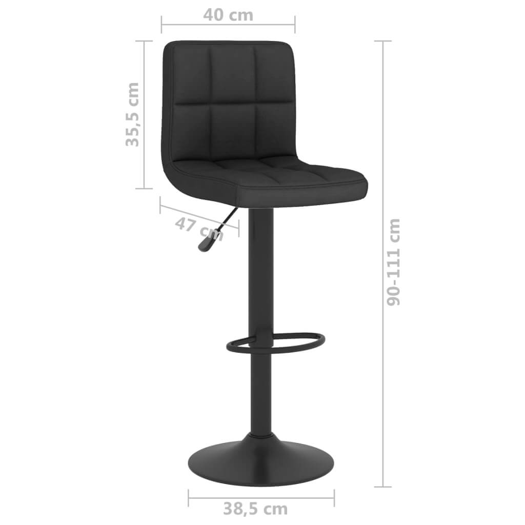 Black adjustable Bar Stools 2 pcs Fabric with chrome base and measurements shown