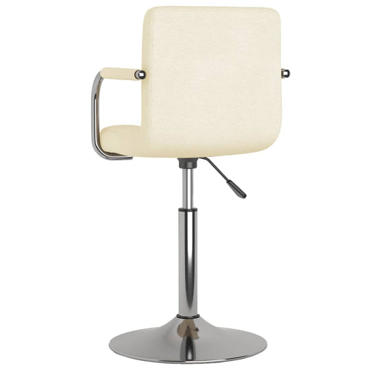 Cream Bar Stool Fabric with chromed steel swivel base and gas lift mechanism for adjustable height and 360-degree rotation.