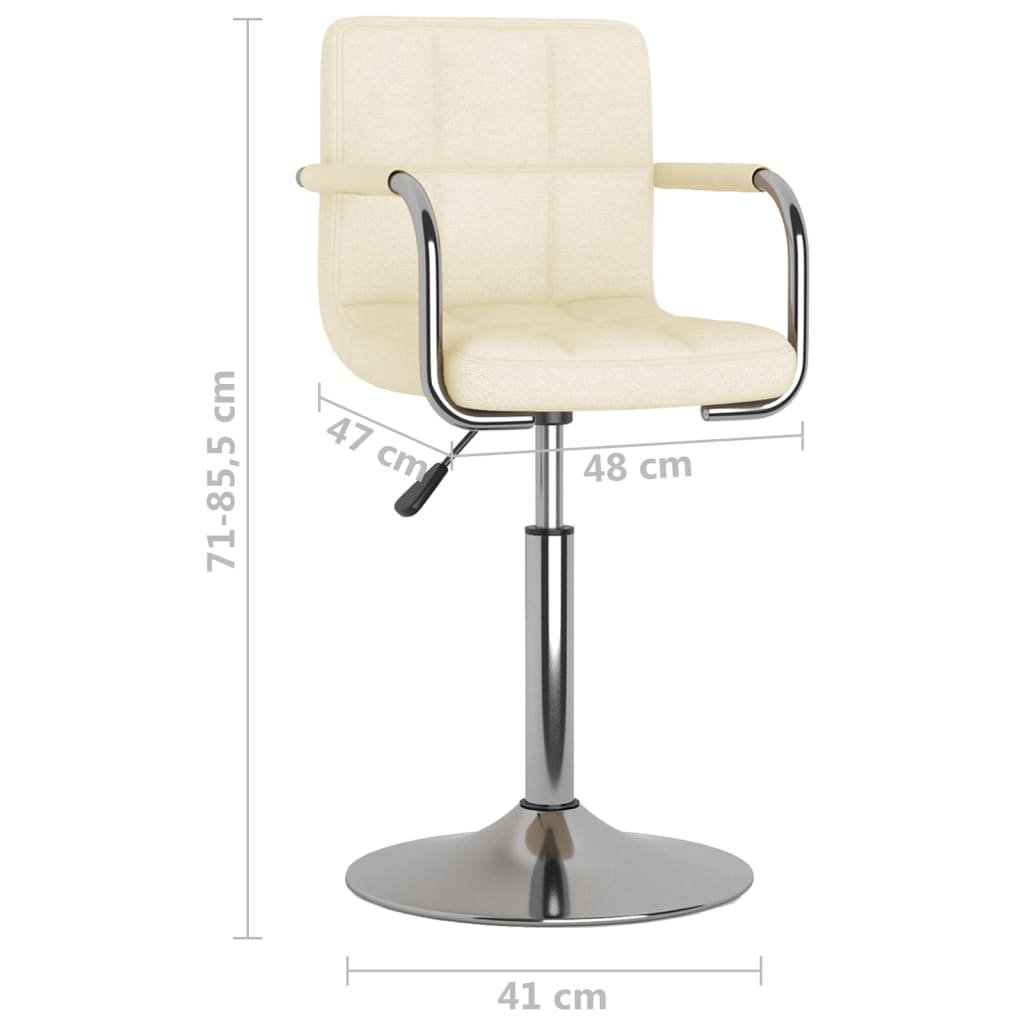 Cream Bar Stool Fabric with adjustable height and swivel seat, soft fabric upholstery, chromed steel frame shown with dimensions.