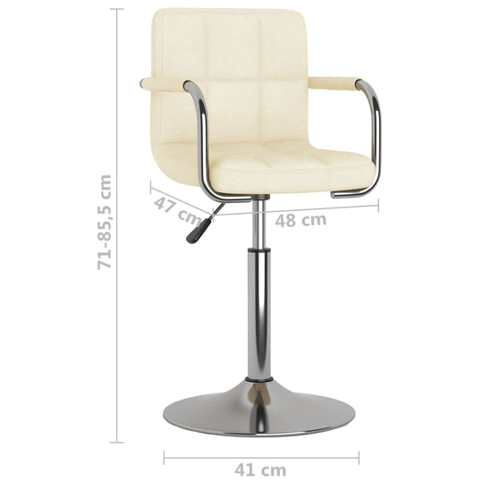 Cream Bar Stool Fabric with adjustable height and swivel seat, soft fabric upholstery, chromed steel frame shown with dimensions.