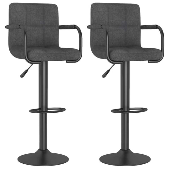 Bar Stools 2 pcs Dark Fabric with soft upholstery and adjustable height mechanism featuring sturdy steel frames and footrests.