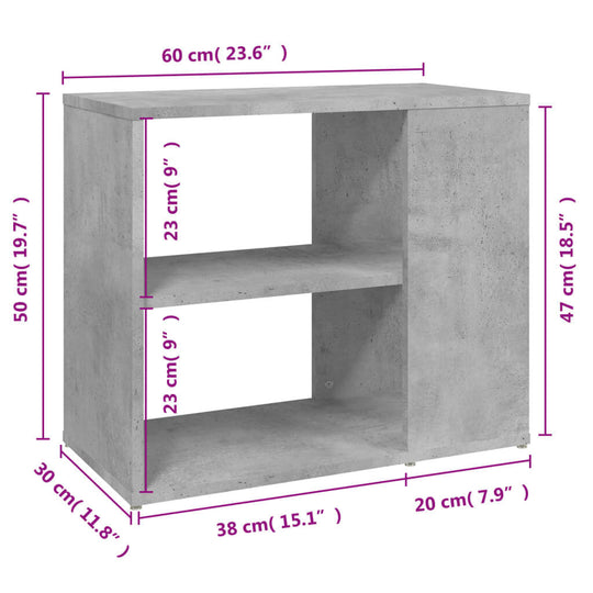 Concrete grey side cabinet dimensions 60x30x50 cm, featuring two shelves for storage and a stable top surface.