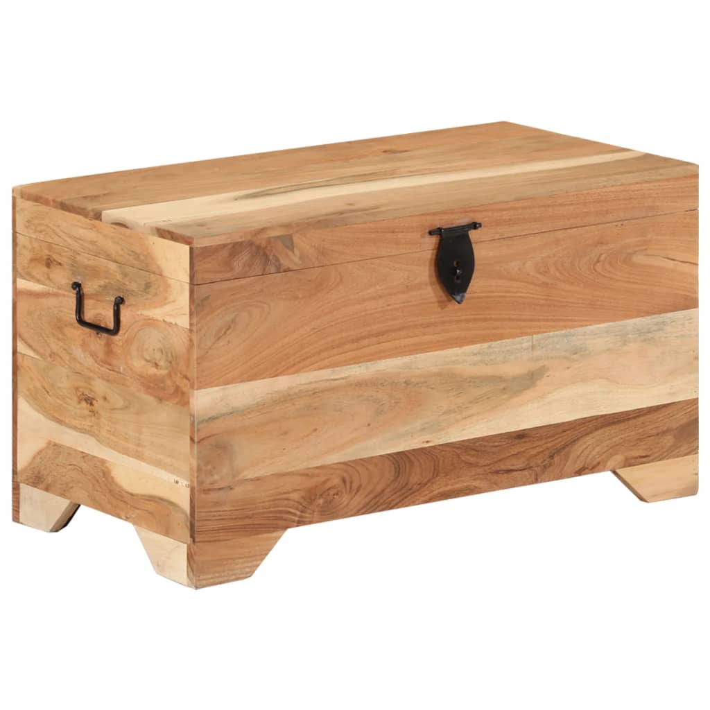 Solid acacia wood storage chest with a latch and side handles, showcasing retro design and ample storage space.