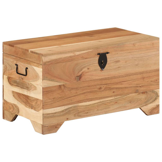 Solid acacia wood storage chest with front latch and side handles, featuring a classic retro design.