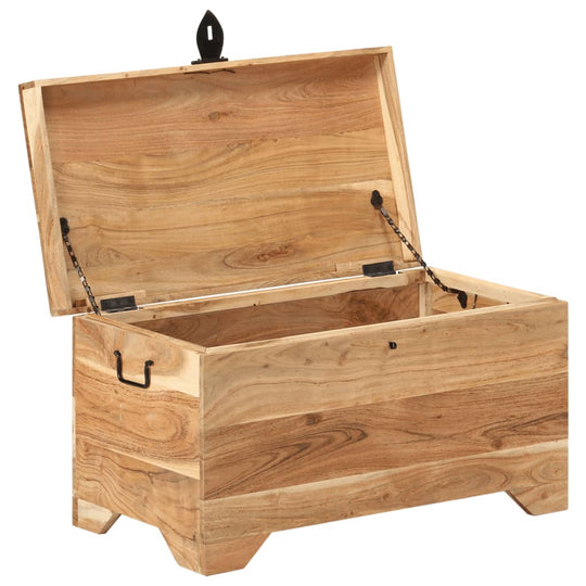 Solid acacia wood storage chest with open lid and chains, featuring a latch and handles for easy access and ample storage.