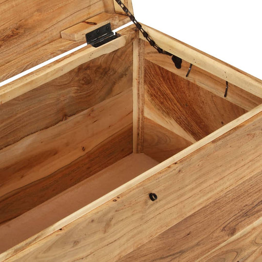 Inside view of a solid acacia wood storage chest, showcasing ample space and durable craftsmanship.