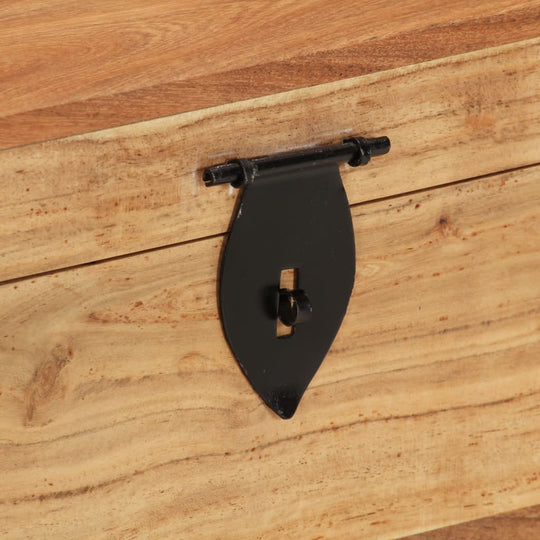 Close-up of the latch on a solid acacia wood storage chest, showcasing its retro craftsmanship and durability.