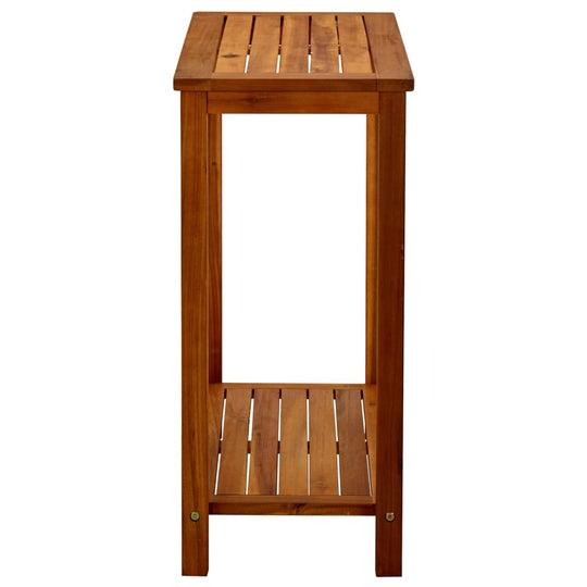 Solid acacia wood garden console table with slatted top and bottom shelf, perfect for outdoor furniture.