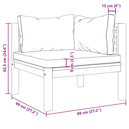 2 Piece Sofa Set with Dark Cushions Solid Acacia Wood dimensions illustration showing measurements and cushion details.