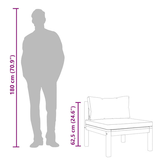 Size dimensions of the 2 Piece Sofa Set with Cream Cushions Solid Acacia Wood, featuring a man silhouette for scale.