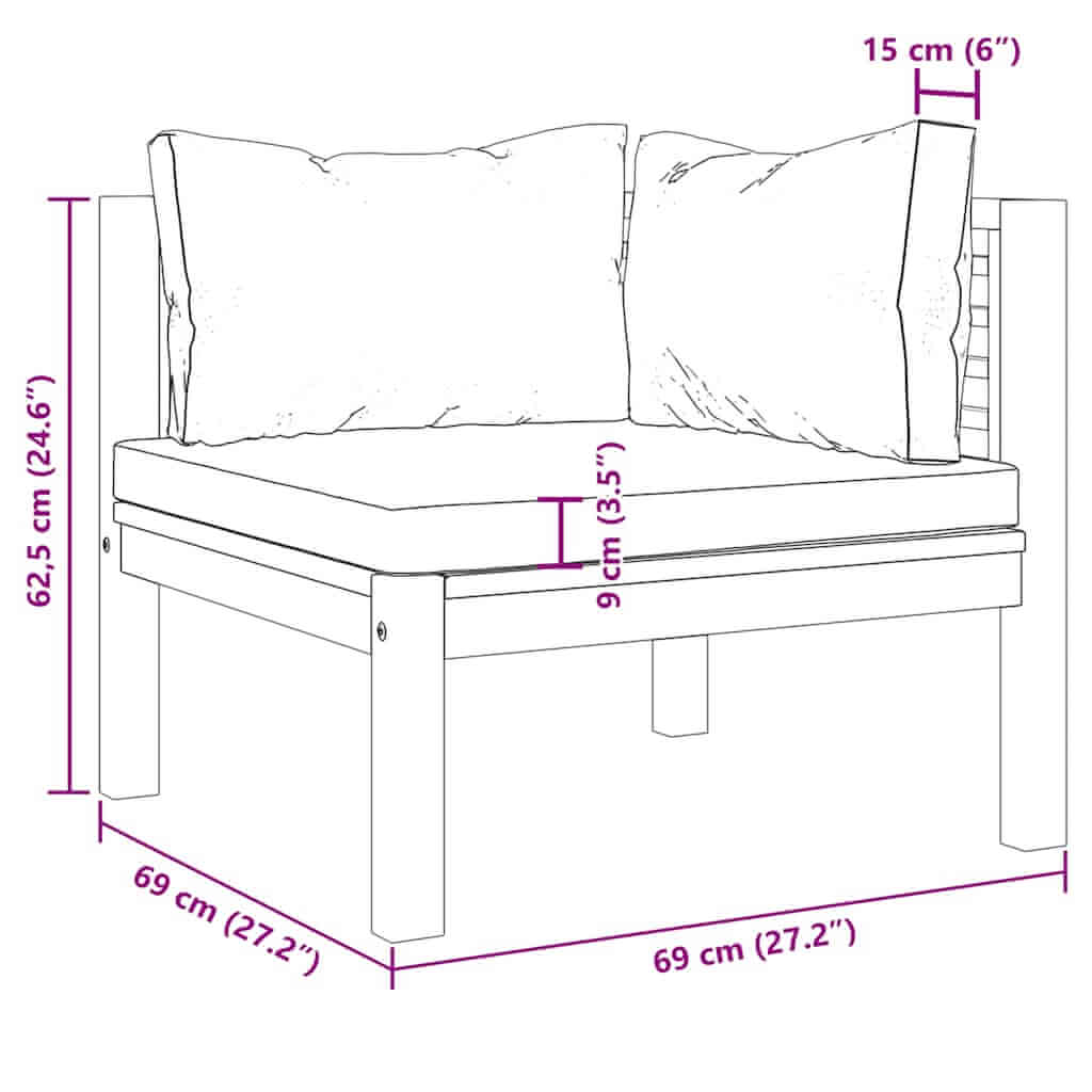Dimensions of Sectional Corner Sofa with Dark Cushions Solid Acacia Wood, including padded seat and back cushions.