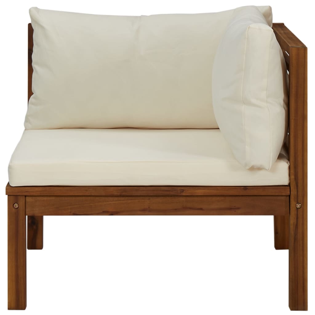 Sectional corner sofa with cream white cushion, made of sturdy acacia wood for durable outdoor use.