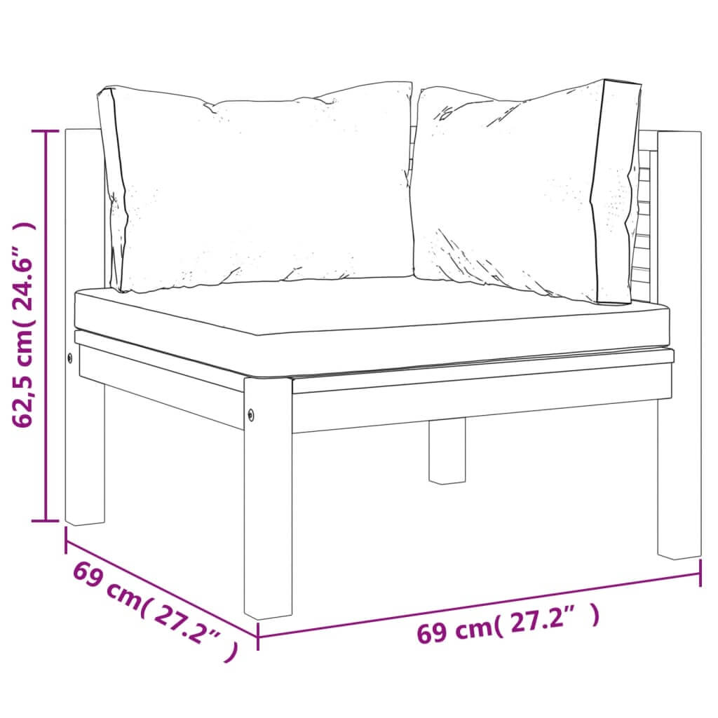 Sectional corner sofa dimensions illustration with cream cushions, showing size measurements in cm.