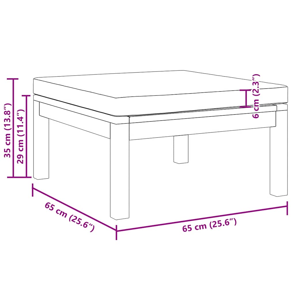 Dimensions of Footrest with Dark Cushion Solid Acacia Wood, featuring height, width, and cushion thickness in centimeters and inches.