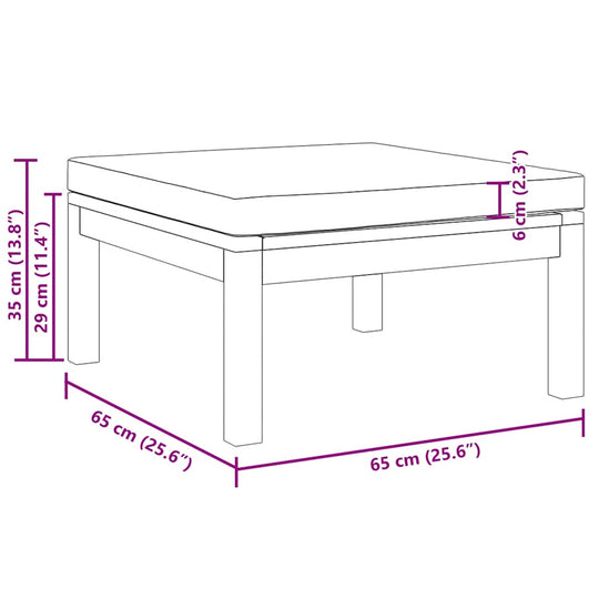 Dimensions of Footrest with Dark Cushion Solid Acacia Wood, featuring height, width, and cushion thickness in centimeters and inches.