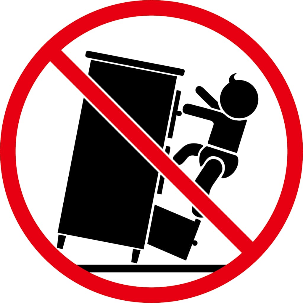 Child safety warning sign against climbing on furniture to prevent accidents.