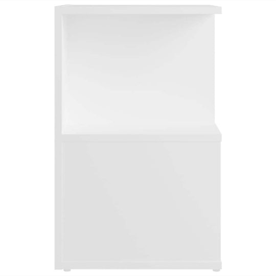 White bedside cabinet with open compartments and storage space for magazines and decorative items, 35x35x55 cm.