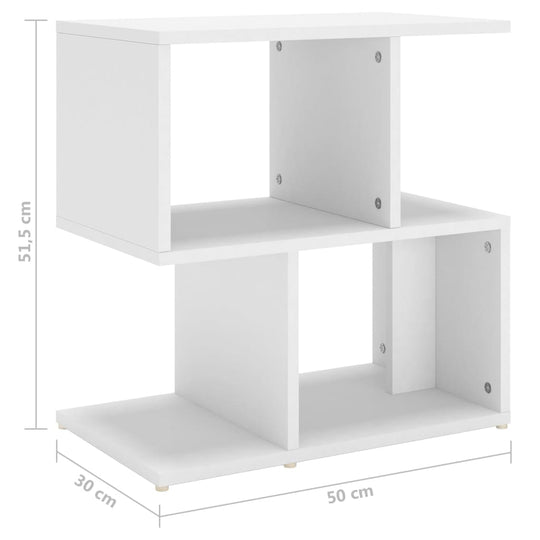 White bedside cabinet dimensions 50x30x51.5 cm, featuring open compartments for organized storage.