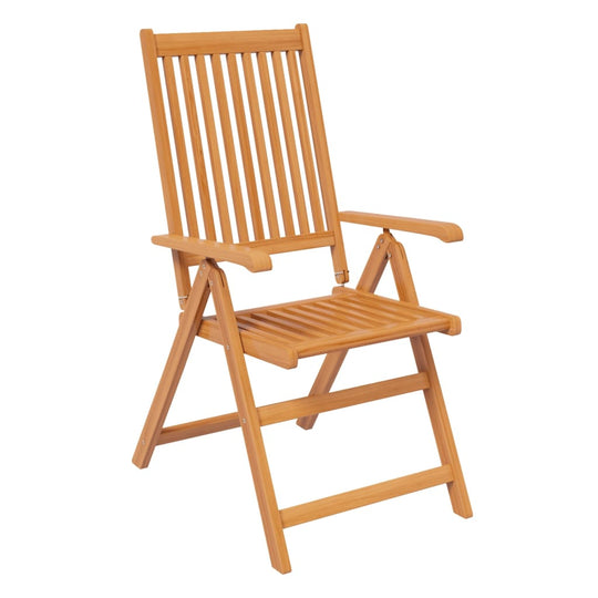 Foldable wooden outdoor chair in solid acacia, featuring slatted back and armrests, perfect for garden dining sets.