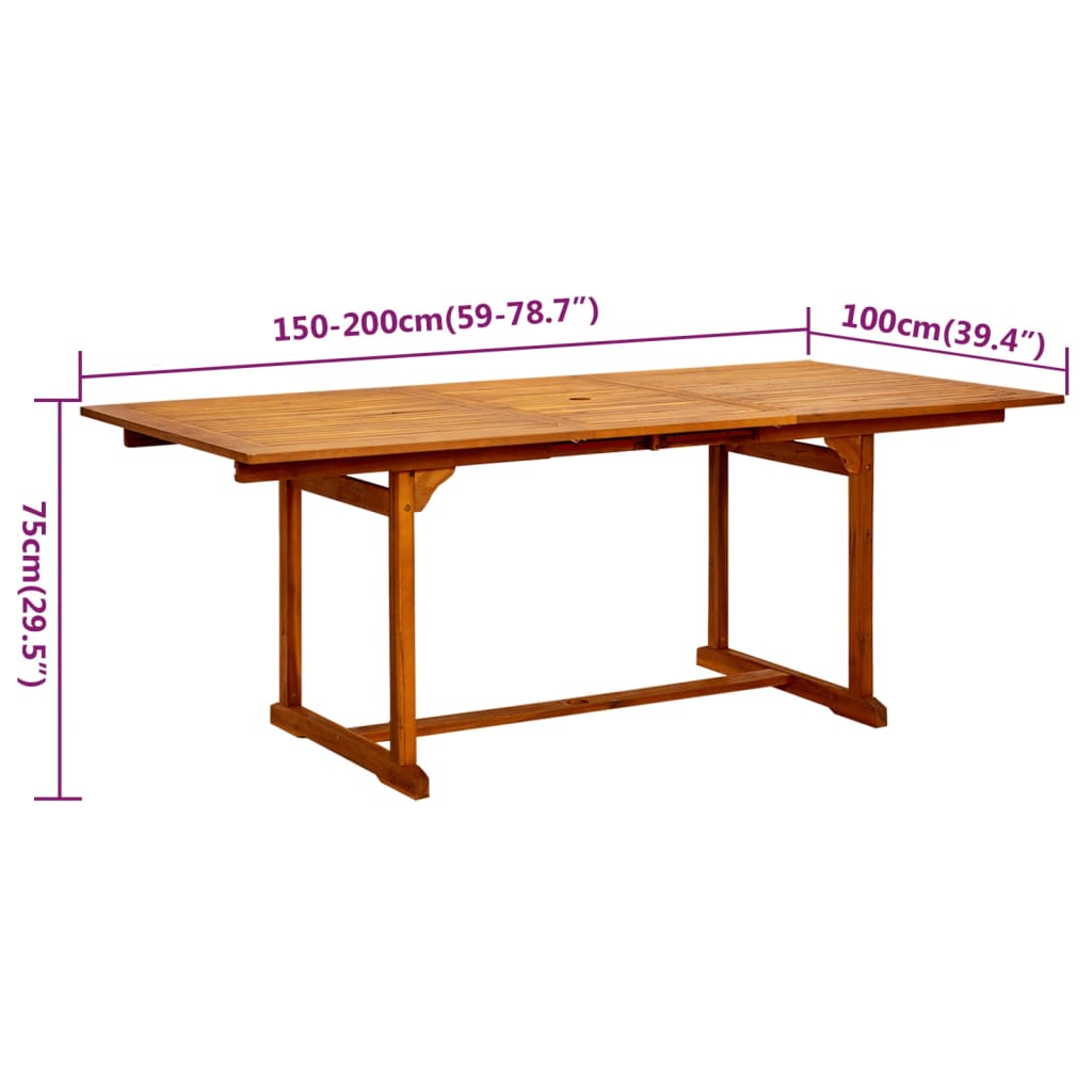 Extendable solid acacia wood dining table dimensions: 150-200cm length, 100cm width, 75cm height for outdoor dining.