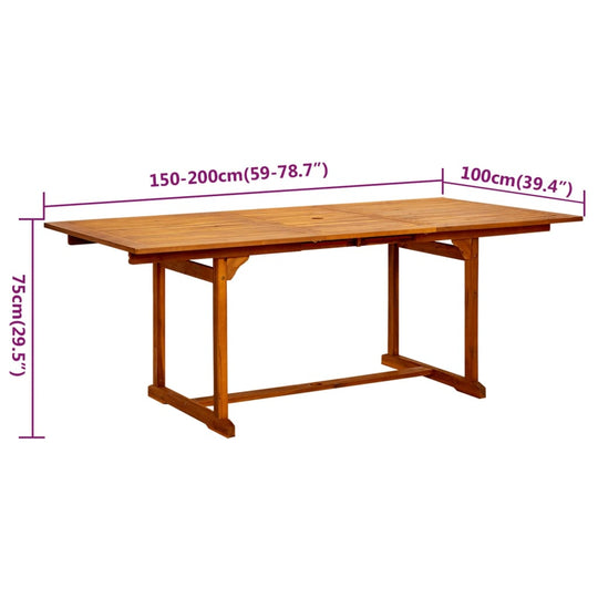 Extendable solid acacia wood dining table dimensions: 150-200cm length, 100cm width, 75cm height for outdoor dining.