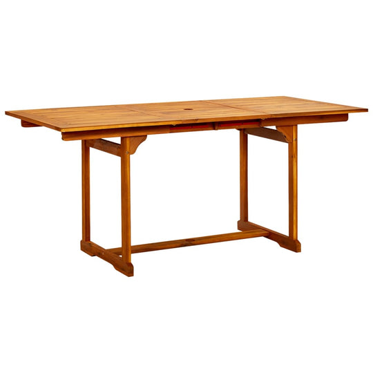 Extendable solid acacia wood dining table, perfect for outdoor meals with family and friends. Durable and weather-resistant design.