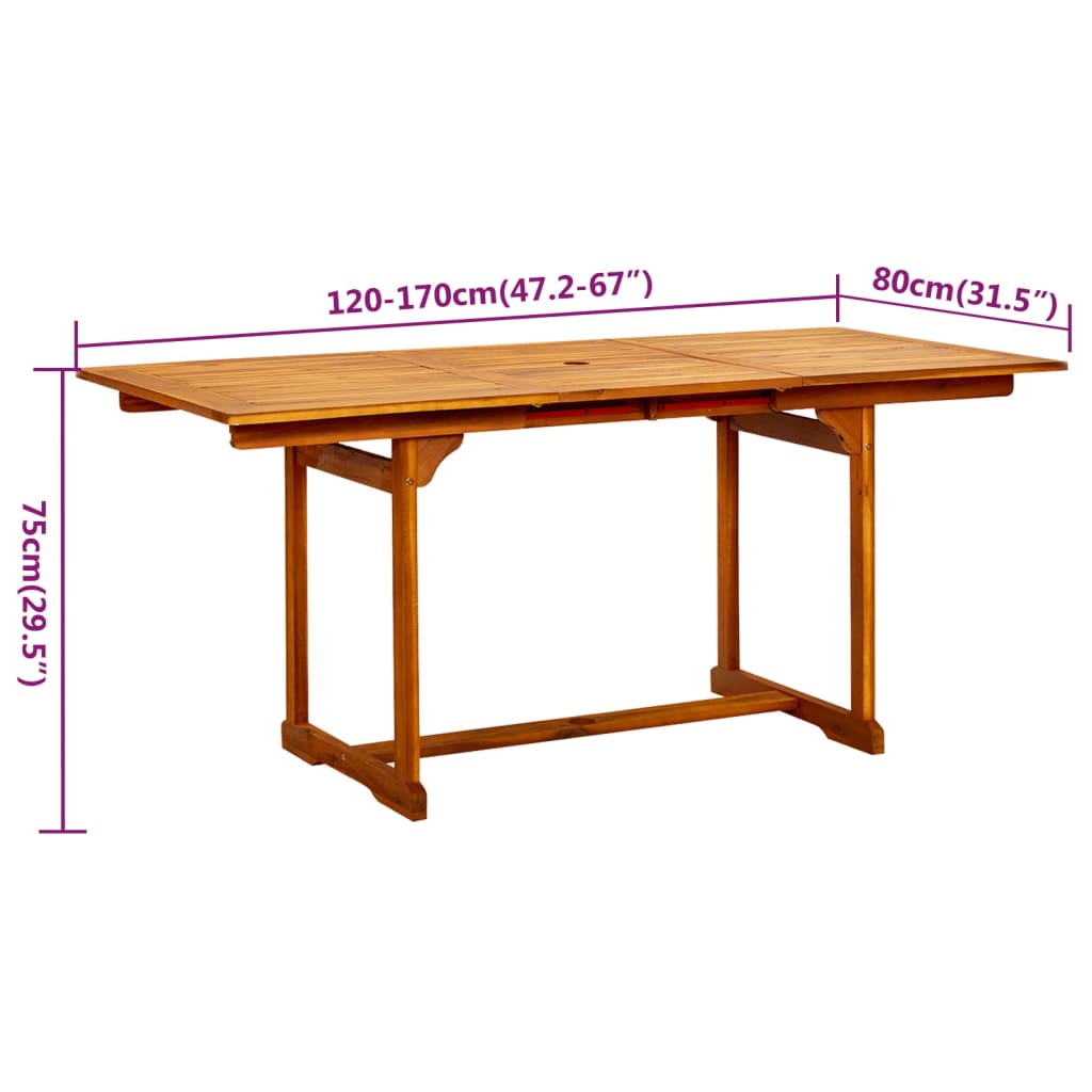 Extendable acacia wood dining table showcasing dimensions of 120-170cm width and 80cm depth for outdoor meals.