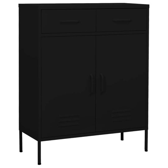 Black steel storage cabinet with two drawers and double doors, perfect for organizing multimedia and essential items.