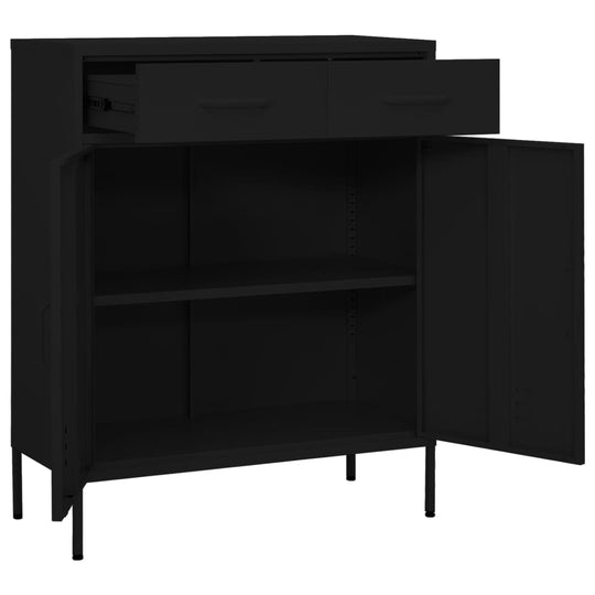 Black steel storage cabinet with drawers and shelves for organized home storage, perfect for DVDs, books, and essentials.