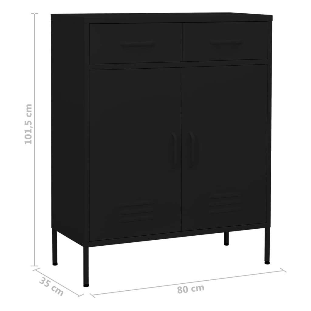 Black steel storage cabinet 80x35x101.5 cm with shelves and drawers for organized home or outdoor furniture.