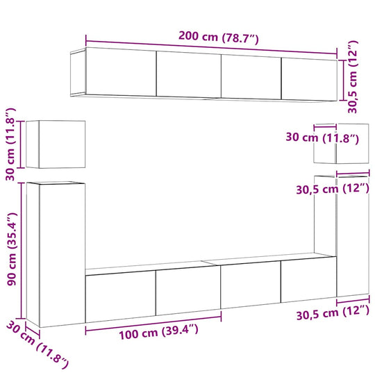 طقم خزانة تلفزيون مكون من 8 قطع من الخشب الهندسي