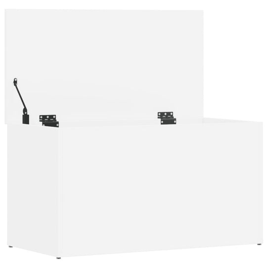 White storage chest with hinged lid, featuring ample space for organizing essentials in any living space.