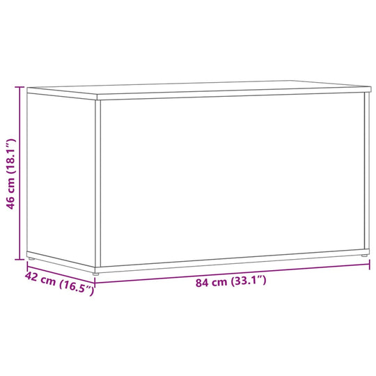 dimensions of a white storage chest, 84x42x46 cm, made from engineered wood for organizing essentials.