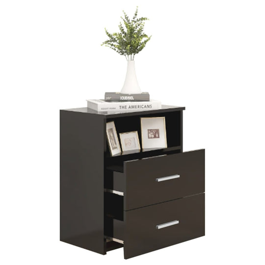 Modern black bed cabinet with two drawers and shelf, perfect for organized bedroom storage. Ideal for essentials.