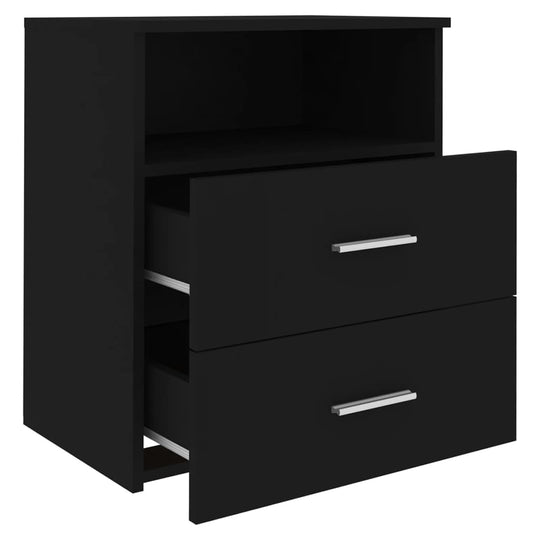 Black bed cabinet with two drawers and open shelf for modern storage solution, 50x32x60 cm.