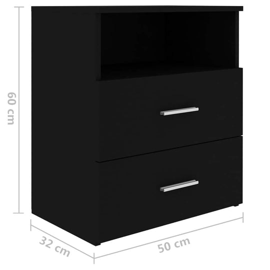 Modern black bed cabinet with two drawers and a shelf, measuring 50x32x60 cm, perfect for stylish storage solutions.