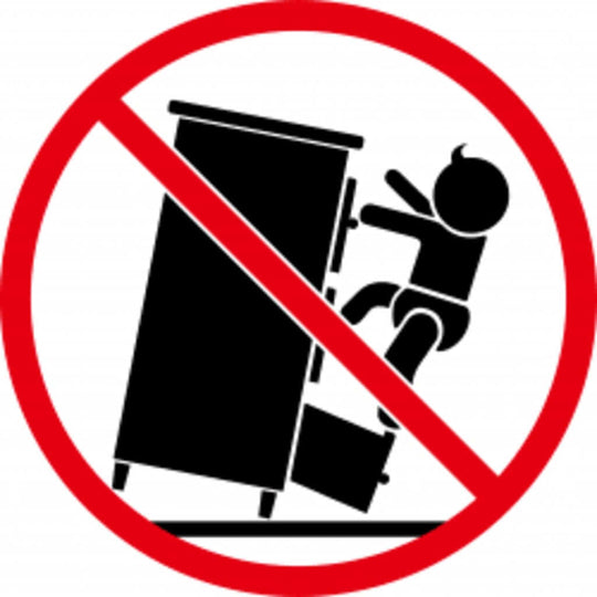 Warning symbol against children climbing furniture, indicating safety precautions.