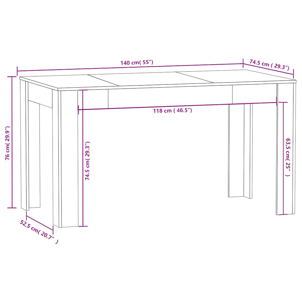 Dining Table 140x74.5x76 cm Engineered Wood dimensions and specifications illustration.