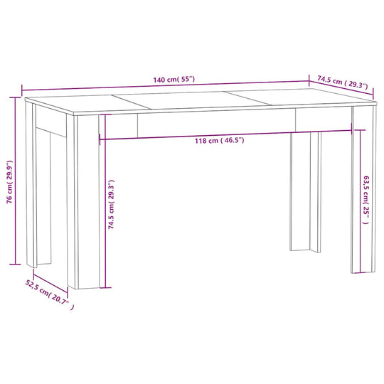 Dining Table 140x74.5x76 cm Engineered Wood dimensions and specifications illustration.