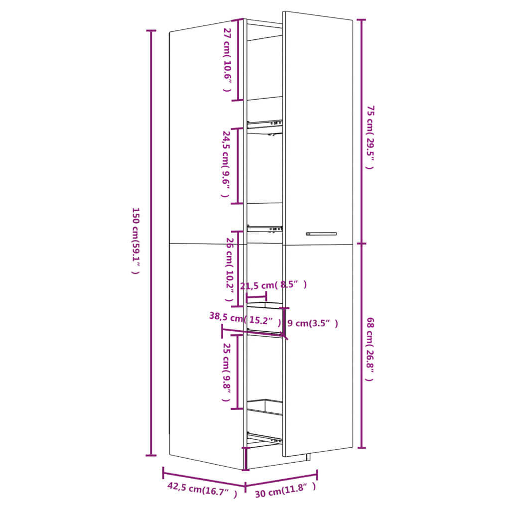 Apothecary Cabinet 30x42.5x150 cm Engineered Wood dimensions diagram with measurements and design details.
