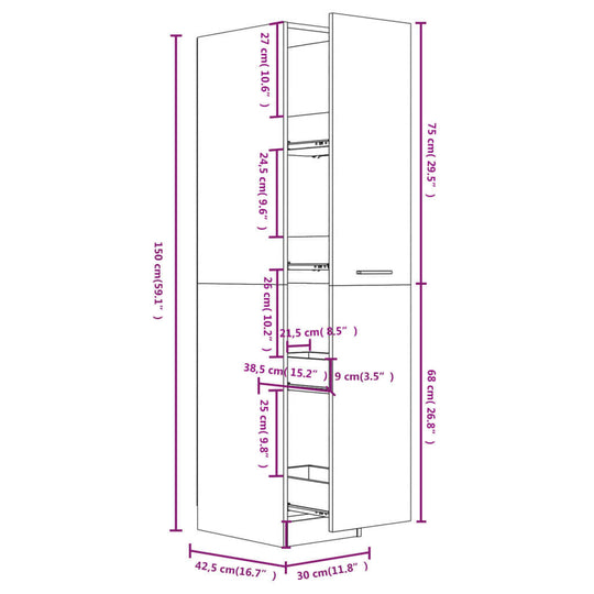 Apothecary Cabinet 30x42.5x150 cm Engineered Wood dimensions diagram with measurements and design details.
