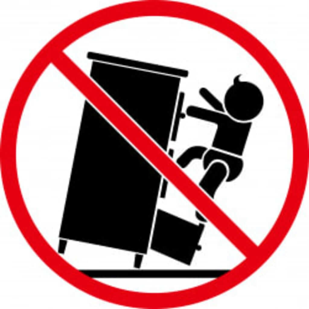 Warning symbol against children climbing apothecary cabinet storage unit.