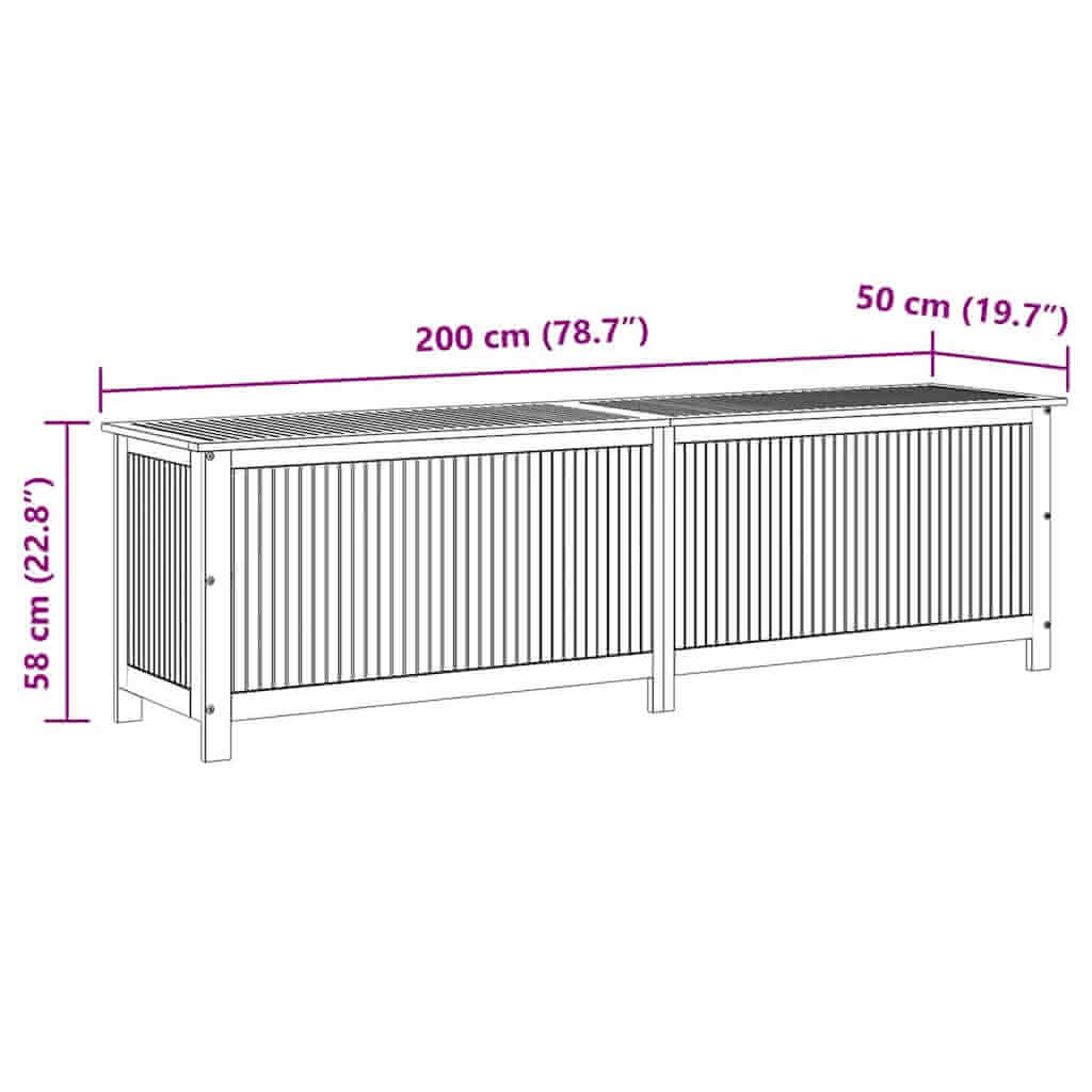 صندوق تخزين للحديقة، 200 × 50 × 58 سم، مصنوع من خشب الأكاسيا الصلب