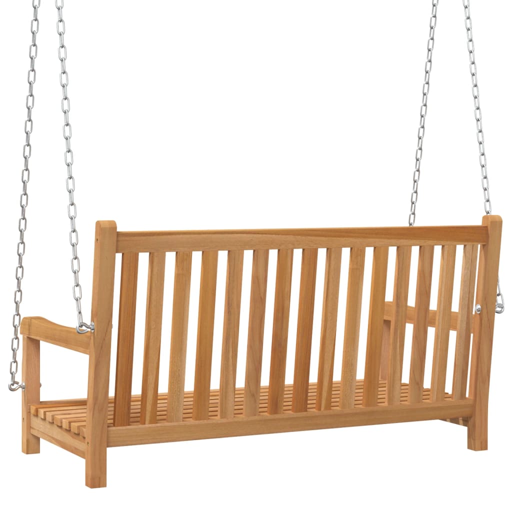 Swing Bench Solid Teak Wood 114x60x64 cm hanging in a garden setting, showcasing its smooth finish and durable design.