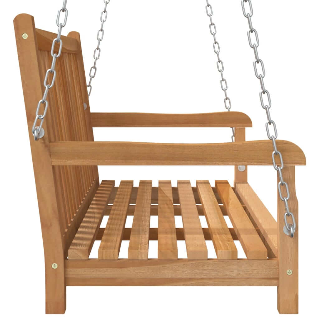 Swing Bench Solid Teak Wood 114x60x64 cm showing side view, featuring sturdy teak wood construction and hanging chains.