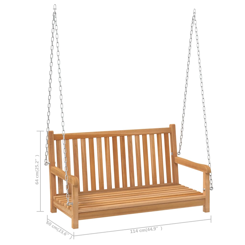 Swing Bench Solid Teak Wood 114x60x64 cm with chains, perfect for outdoor relaxation.