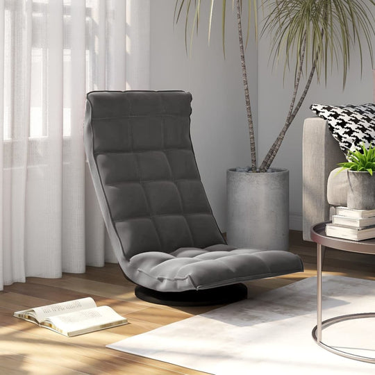 Swivel floor chair in dark grey velvet in modern living room, ideal for outdoor furniture and home patio settings.